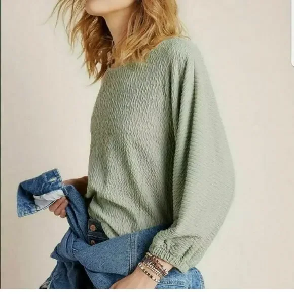 Anthropologie Arya Textured Balloon Sleeve Top Green Size Medium - Picture 1 of 6